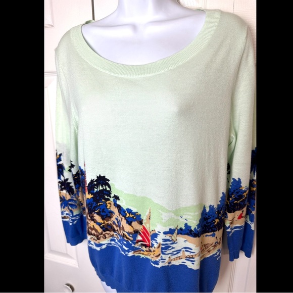 TALBOTS Sailboat Sweater Lightweight Knit Nautical Lighthouse Coastal Green Blue - Picture 4 of 7